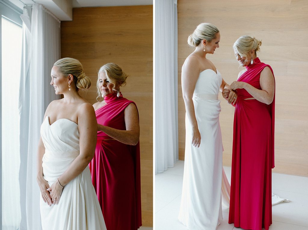 Mother helping Bride get ready in hotel room