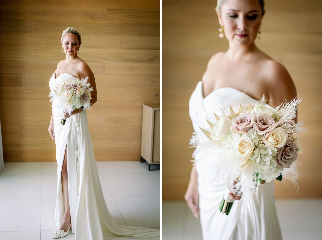 Portrait of Bride with bouquet in hotel room