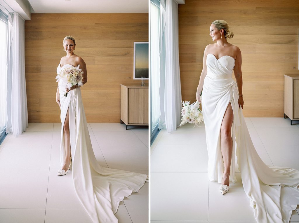 Portraits of Bride in hotel room with wedding dress and bouquet