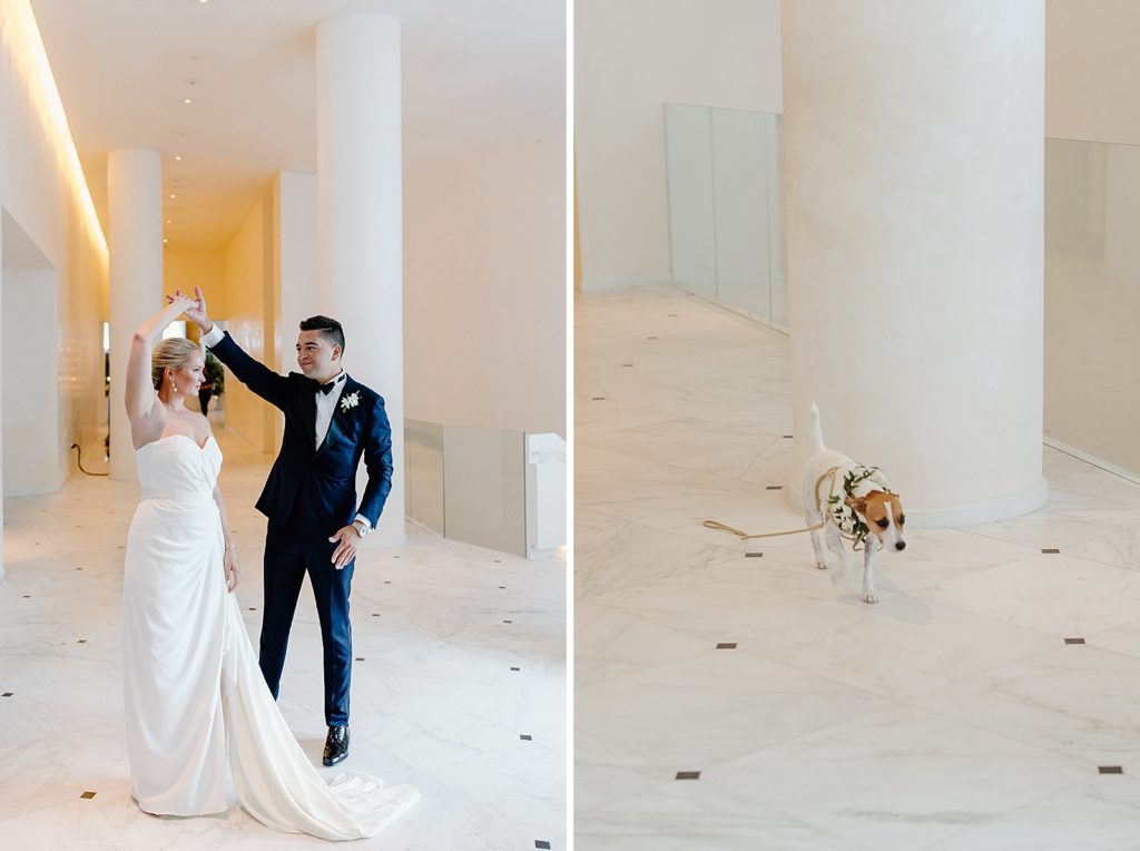 Bride twirling by Groom's hand and dog running to owners