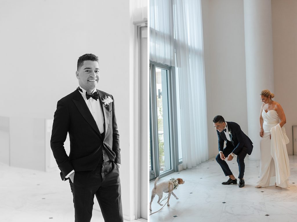dog running up to Bride and Groom in hotel lobby