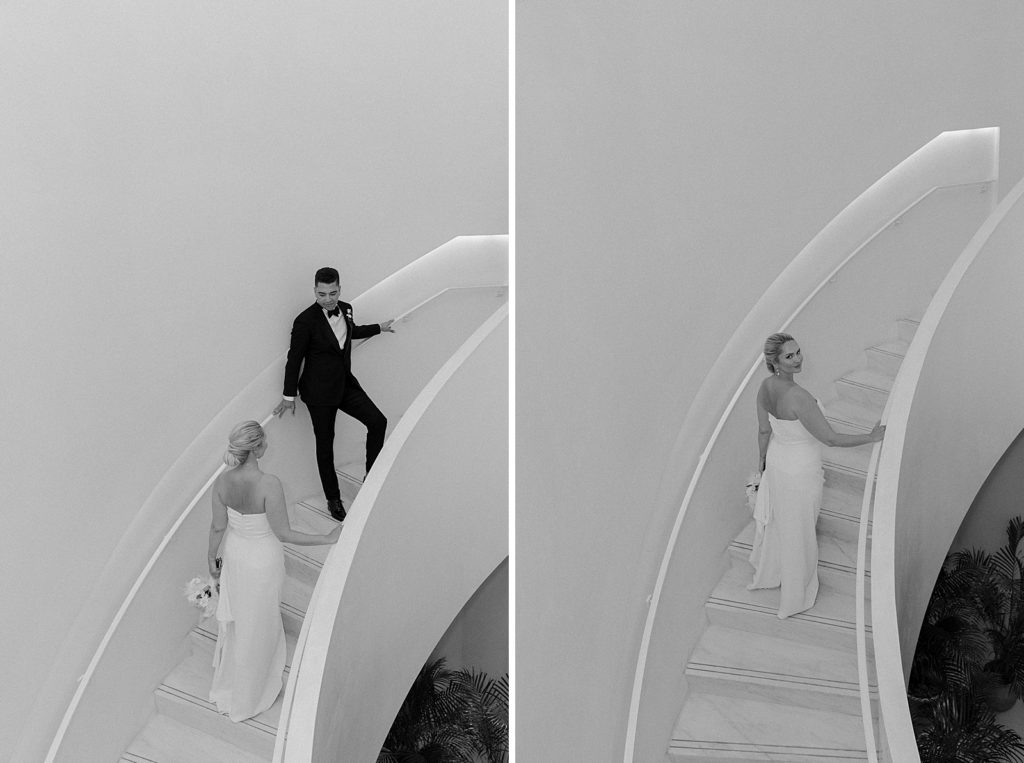 Overhead shot of Bride and Groom on curved staircase