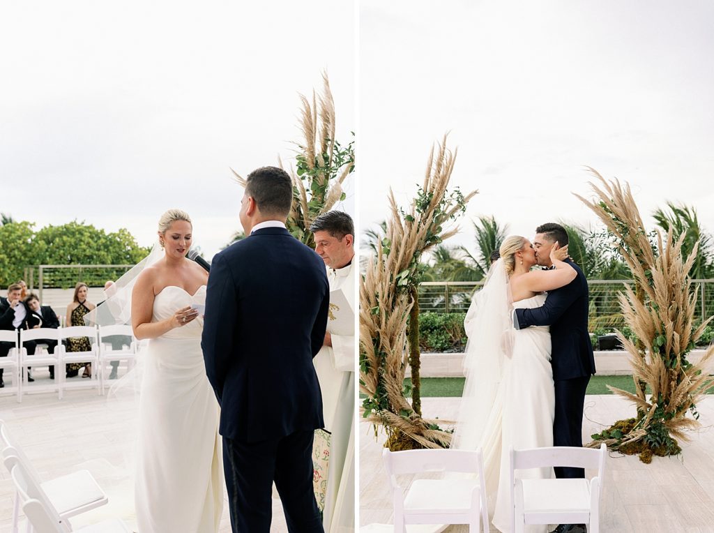 Bride and Groom exchanging vows and kissing for outdoor Ceremony