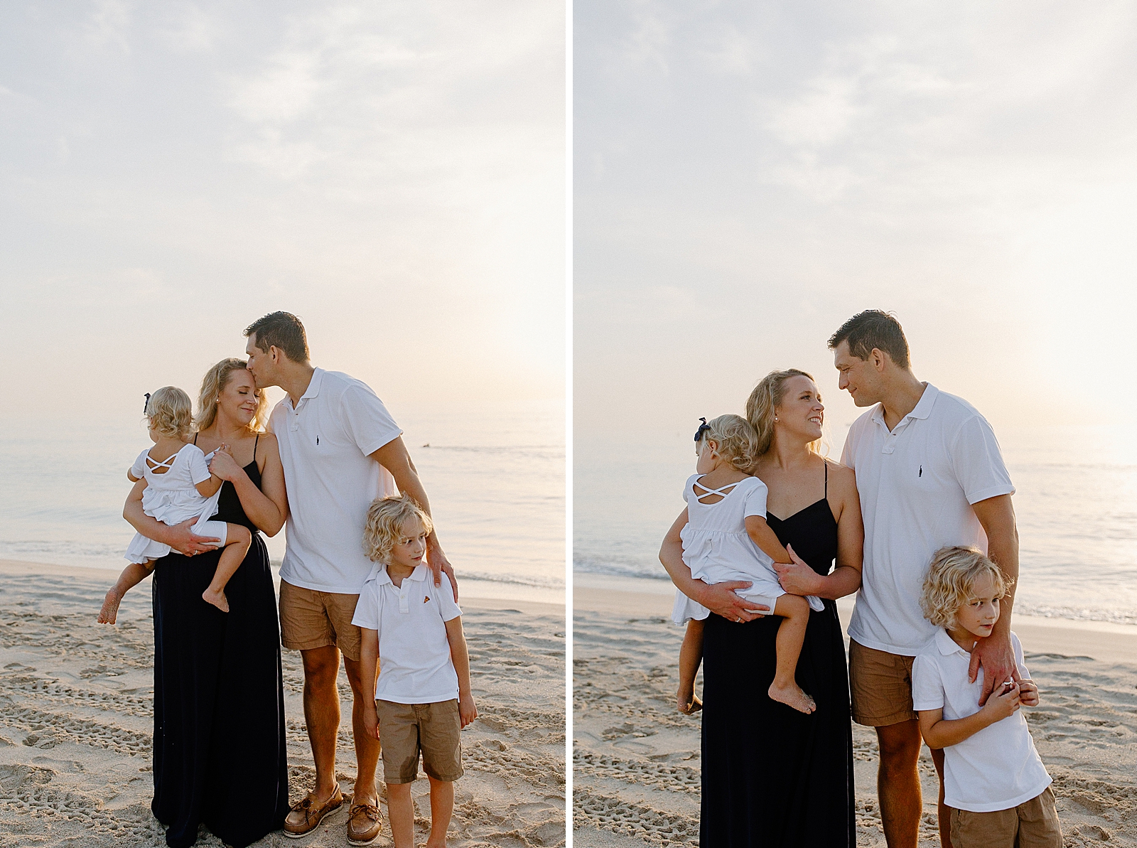 Family portrait on the beach with Dad kissing Mom on the forehead