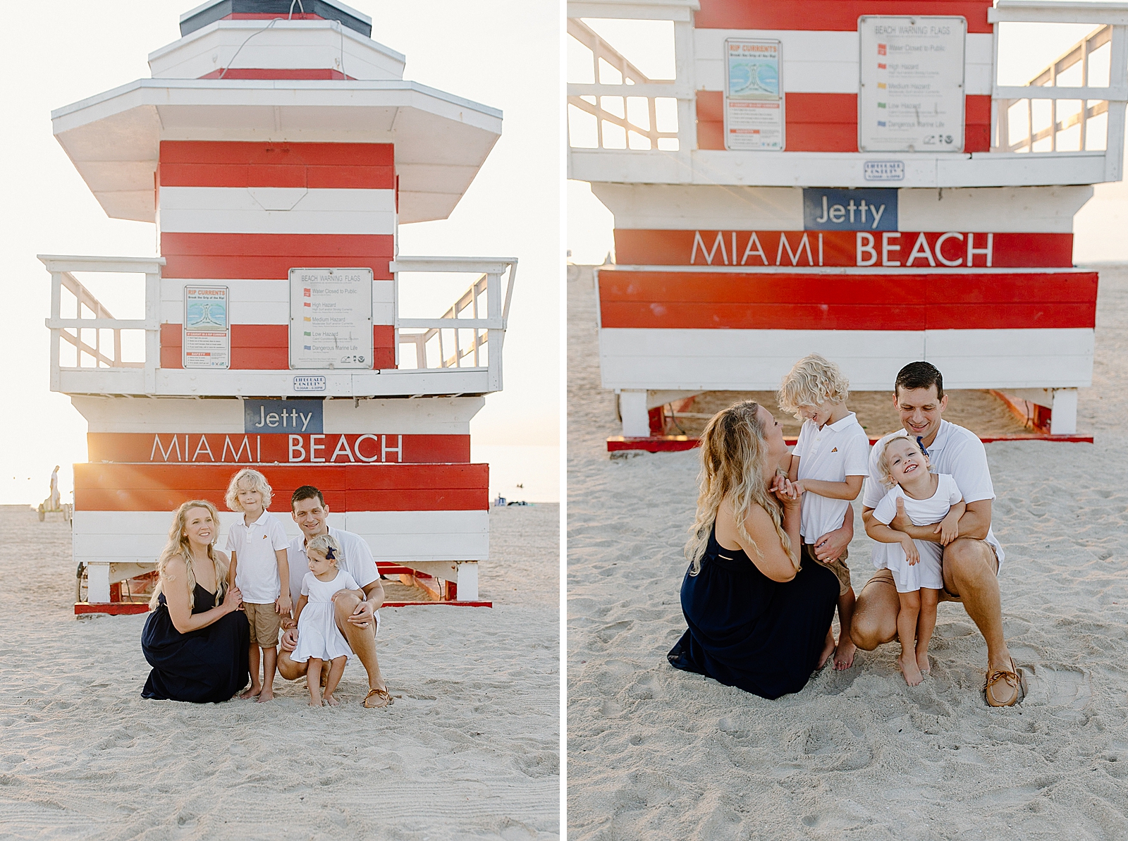Husband and wife crouching down with kids in front of red striped Lifeguard station