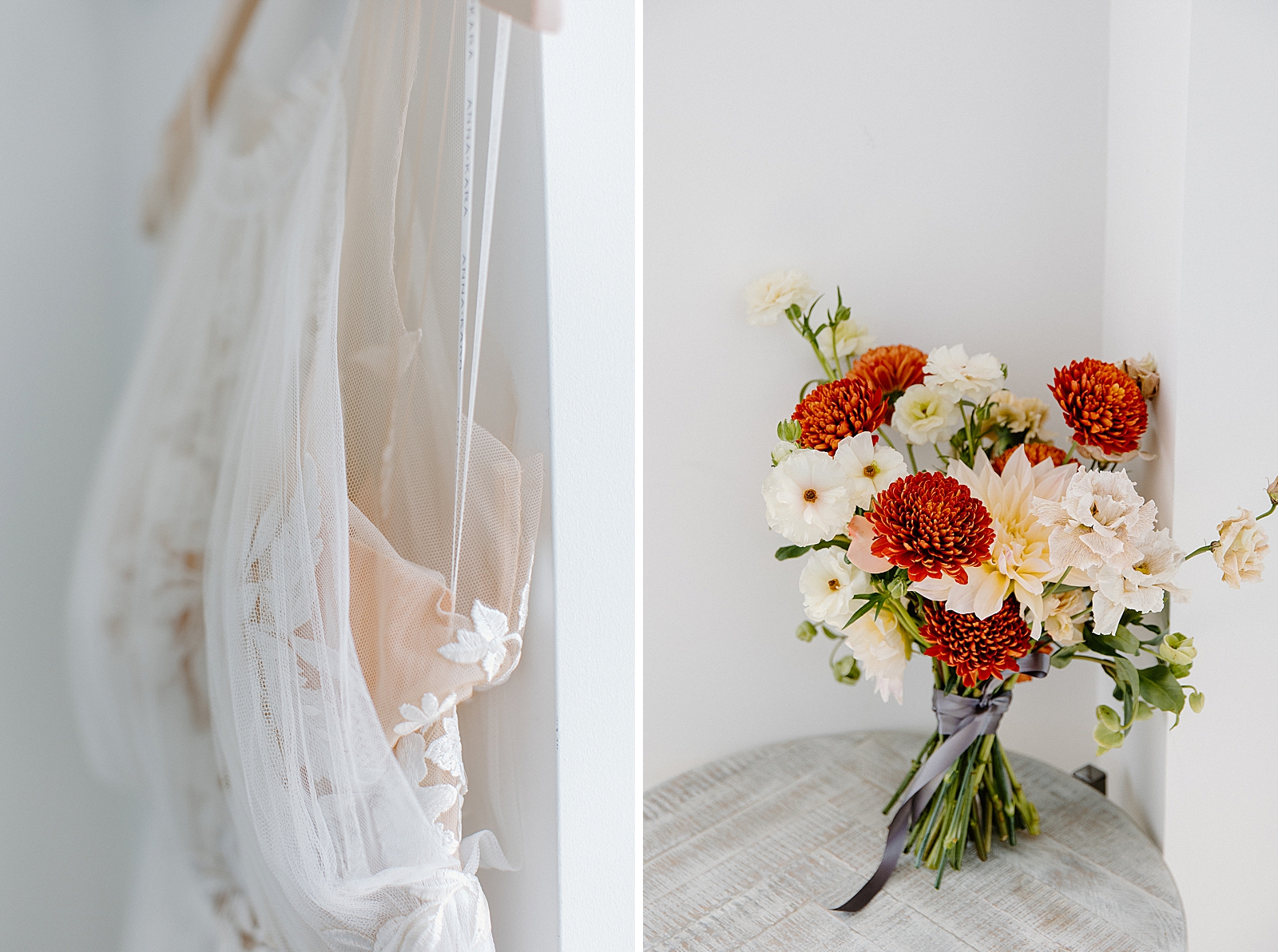 Detail shot of wedding dress and Bouquet with red and light flowers