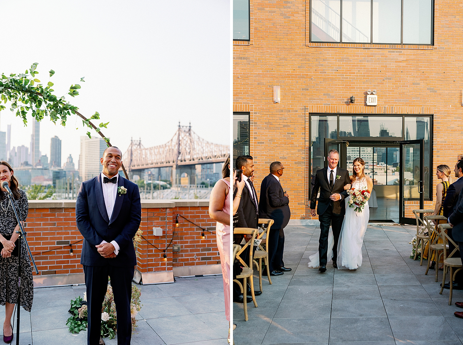 Groom awaiting Bride and Bride entering arm in arm with Father for LIC outdoor Wedding