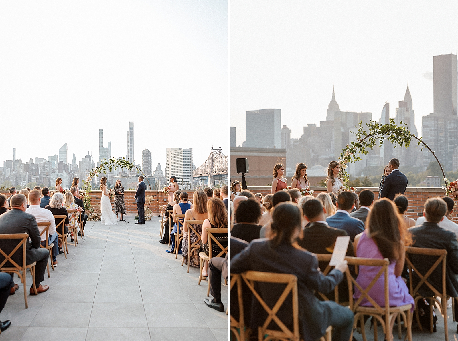 Wide shot of Bride and Groom at circular alter with guests sitting and listening to officiant with Queensboro bridge in the background and Empire State and Chrysler buildings