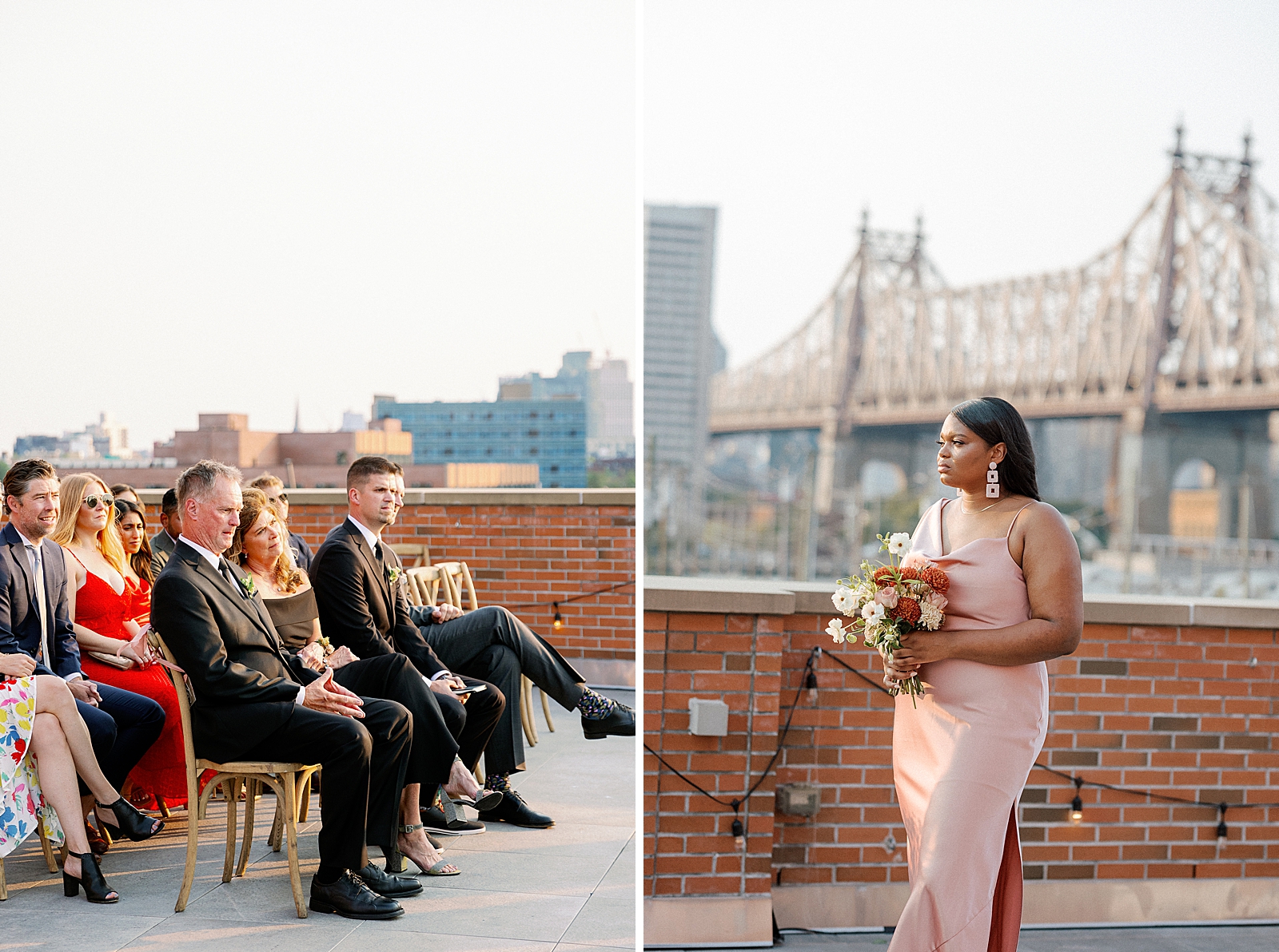 Guests listening and Wedding party member holding bouquet with Queensboro bridge behind her