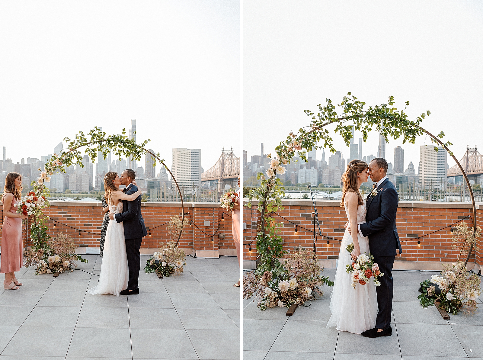 Just married Bride and Groom kissing and hugging at circular floral alter with Manhattan view