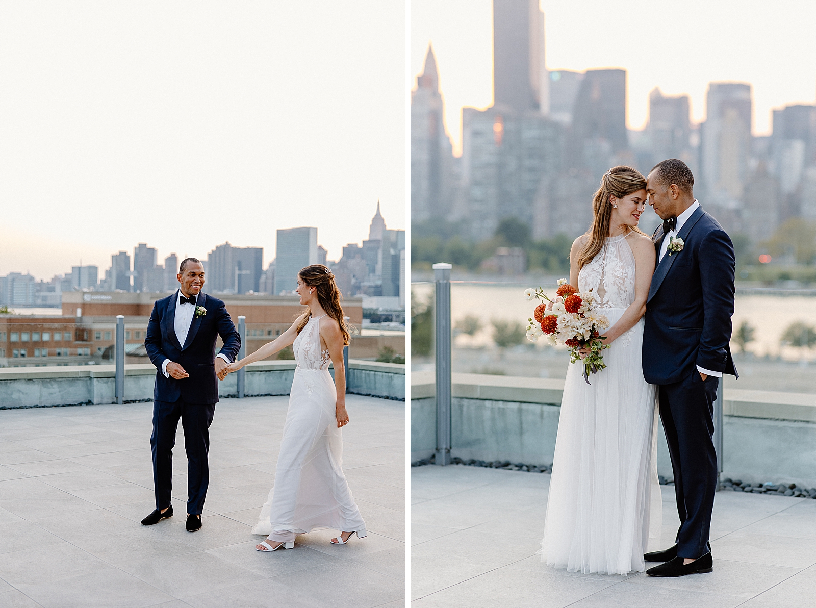 Bride and Groom dancing on outdoor deck with Empire State Building view