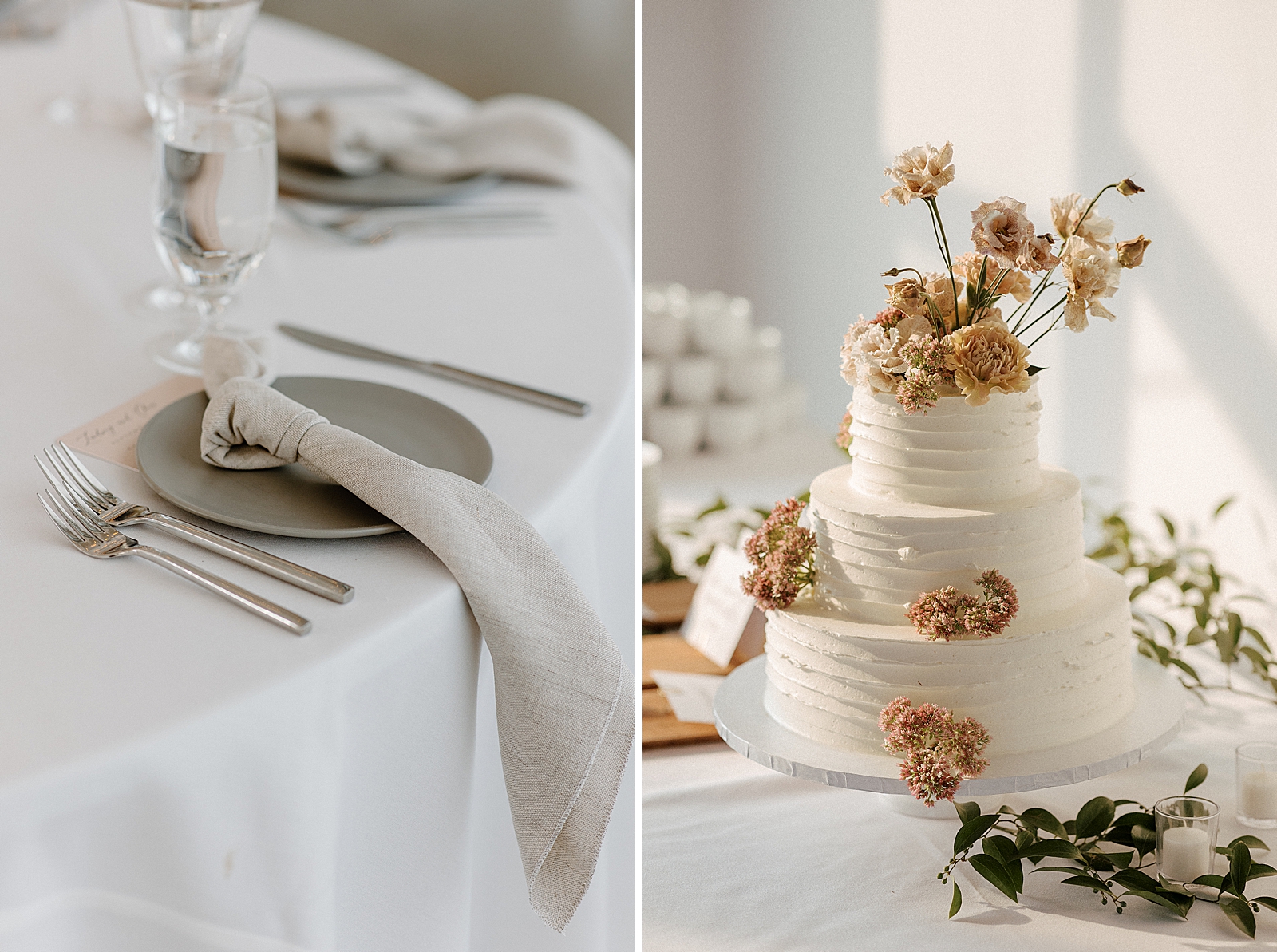 Detail shot of plate setting and wedding cake with floral decor 
