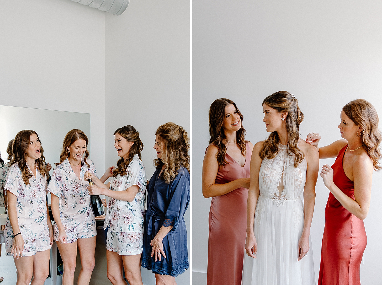 Bride and Bridesmaids before getting ready popping champaignbottle