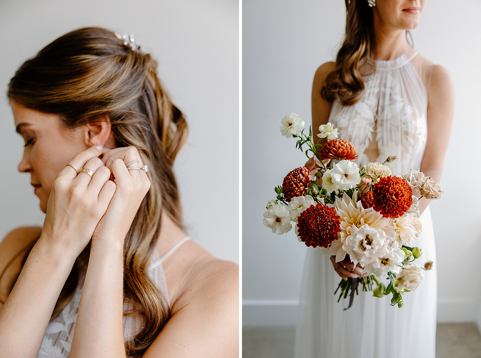 Closeup of Bride putting on earrings and holding floral bouquet