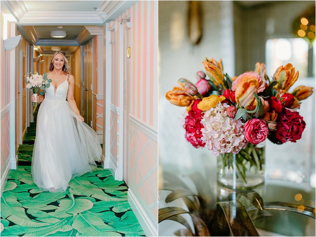 Bride running in hotel's pink hallway 