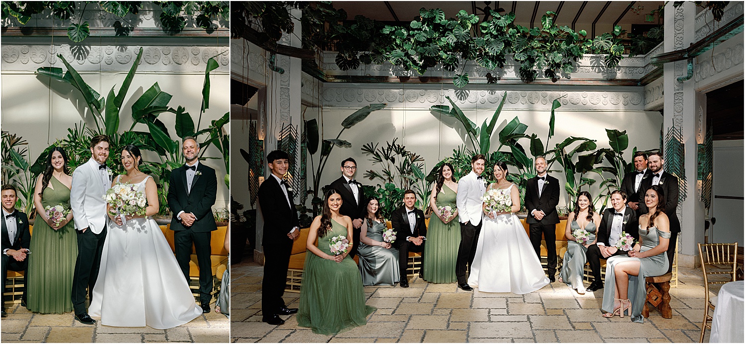 Bridal Party in sage green dresess and balck tuxedos at the Mayfair Hotel & Gardens 